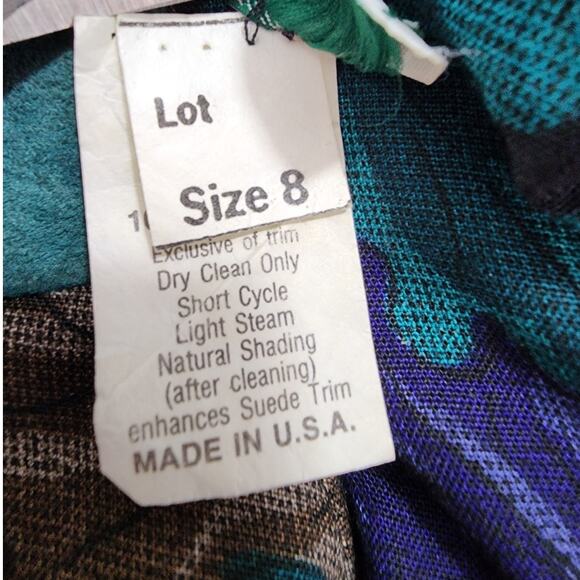 Vintage Patty O'Neil Dress Womens 8 Green Purple Floral Leaves Rayon Suede - Picture 6 of 11